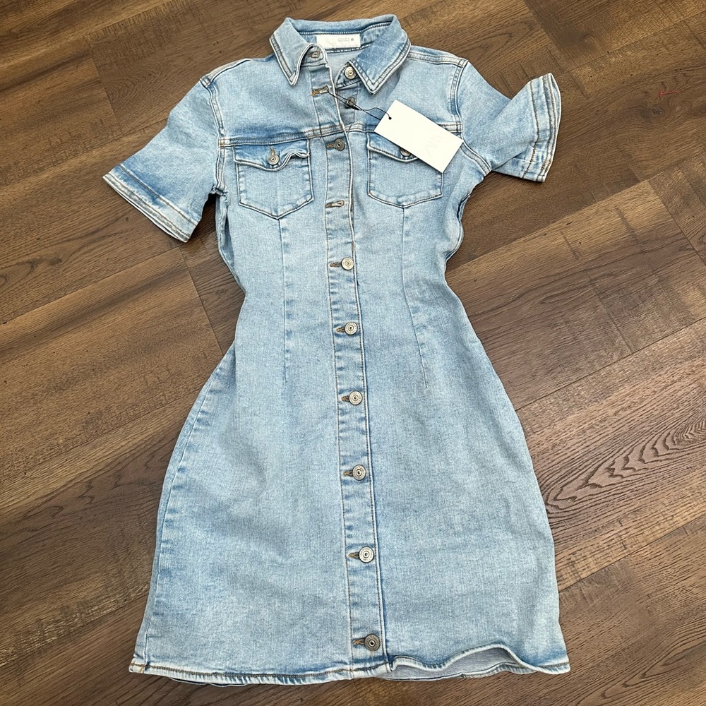 Zara stretchy  Light Blue Denim Midi Dress